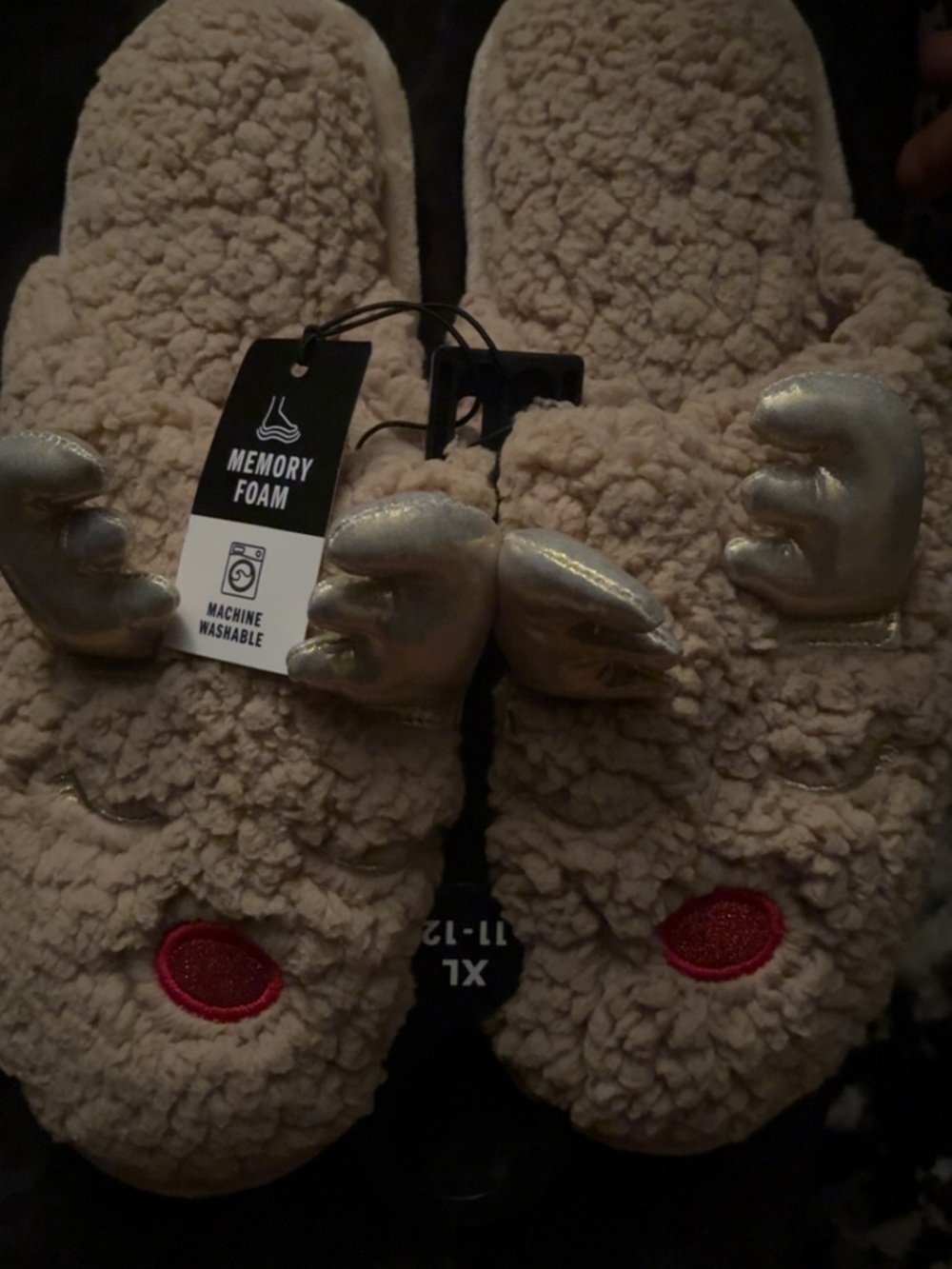 Memory Foam Teddy Bear Reindeer Slippers - Cream